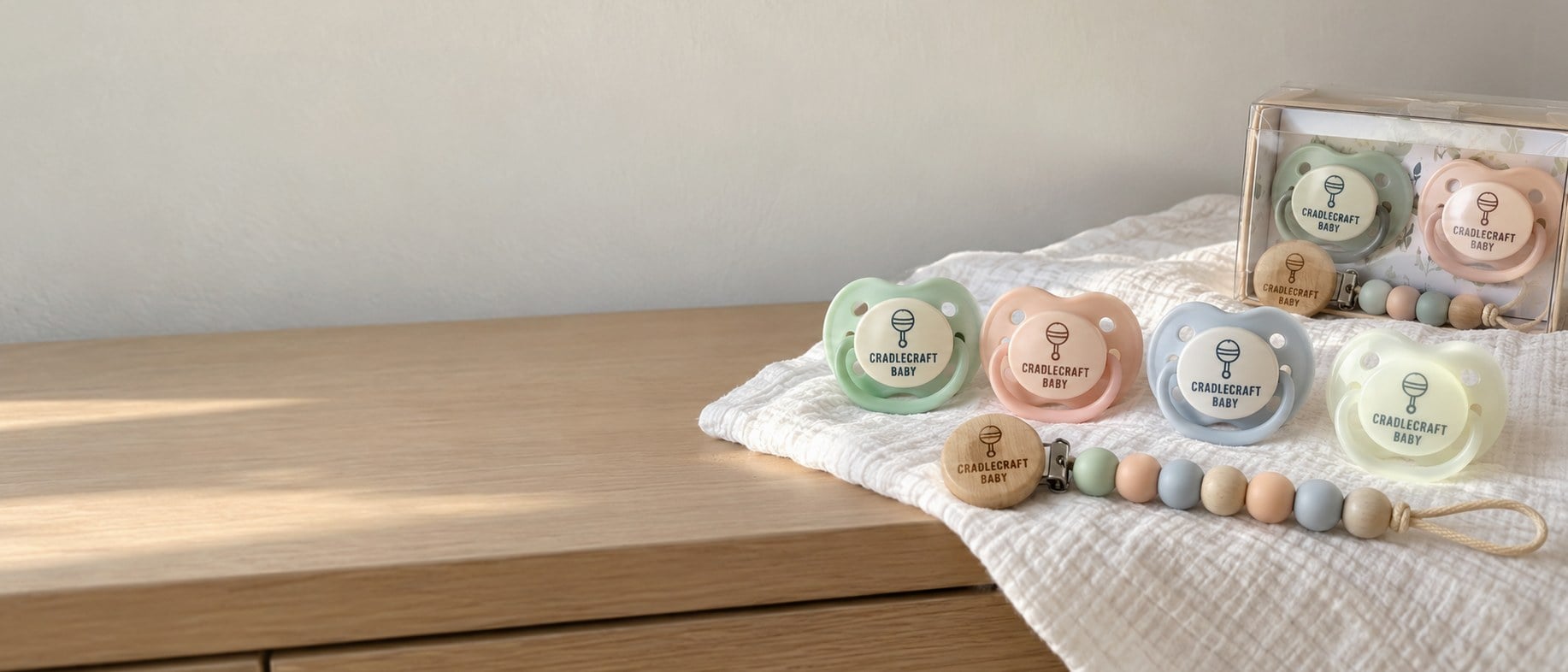 Custom printed pacifiers and pacifier clips laid out on a white muslin cloth